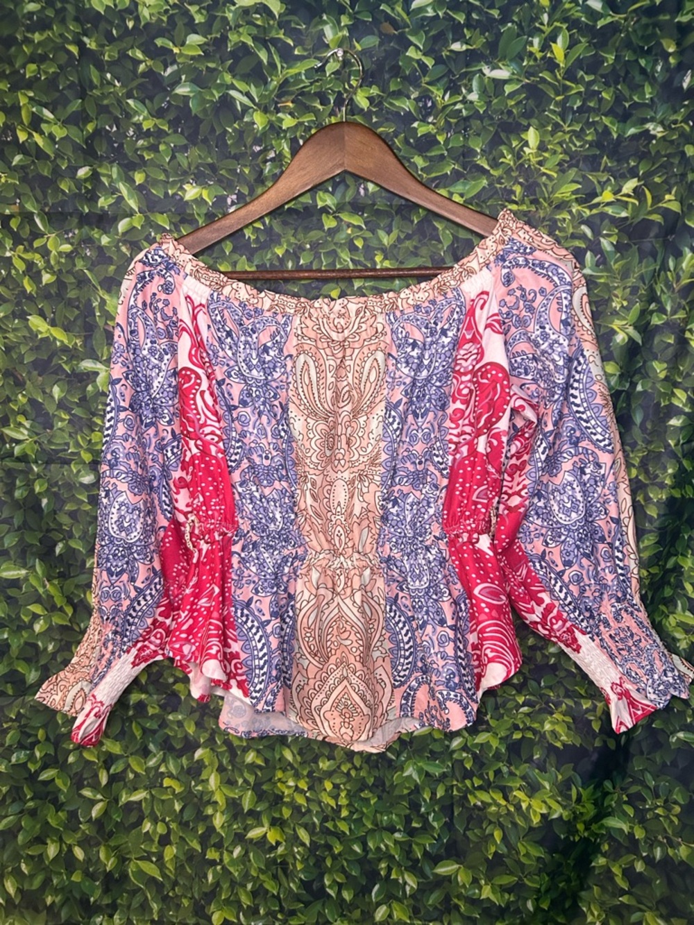 Aria Pink & Blue Paisley Off-Shoulder Peasant Blouse
